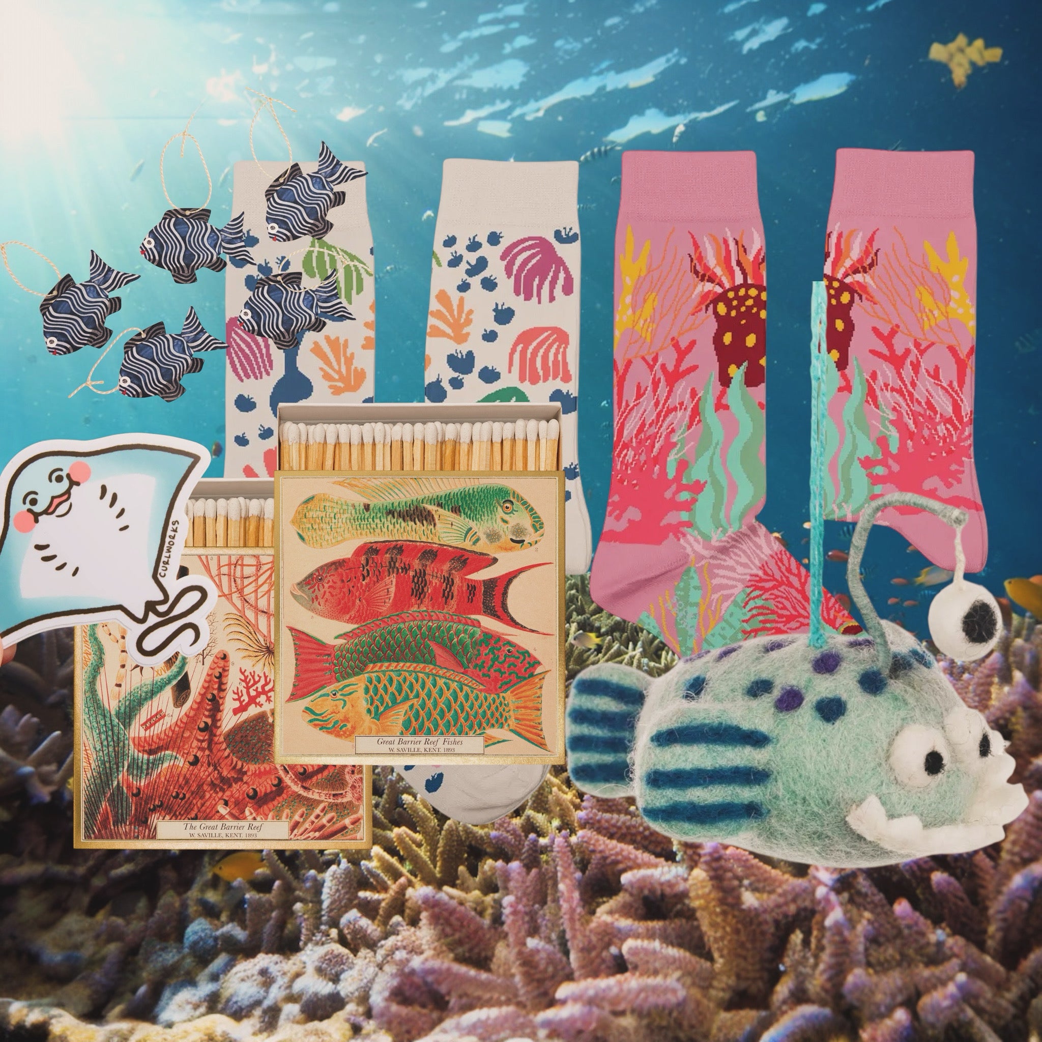 Underwater-themed collage featuring coral socks, felt anglerfish, fish art matchbox, stingray sticker, and ocean-inspired ornaments.