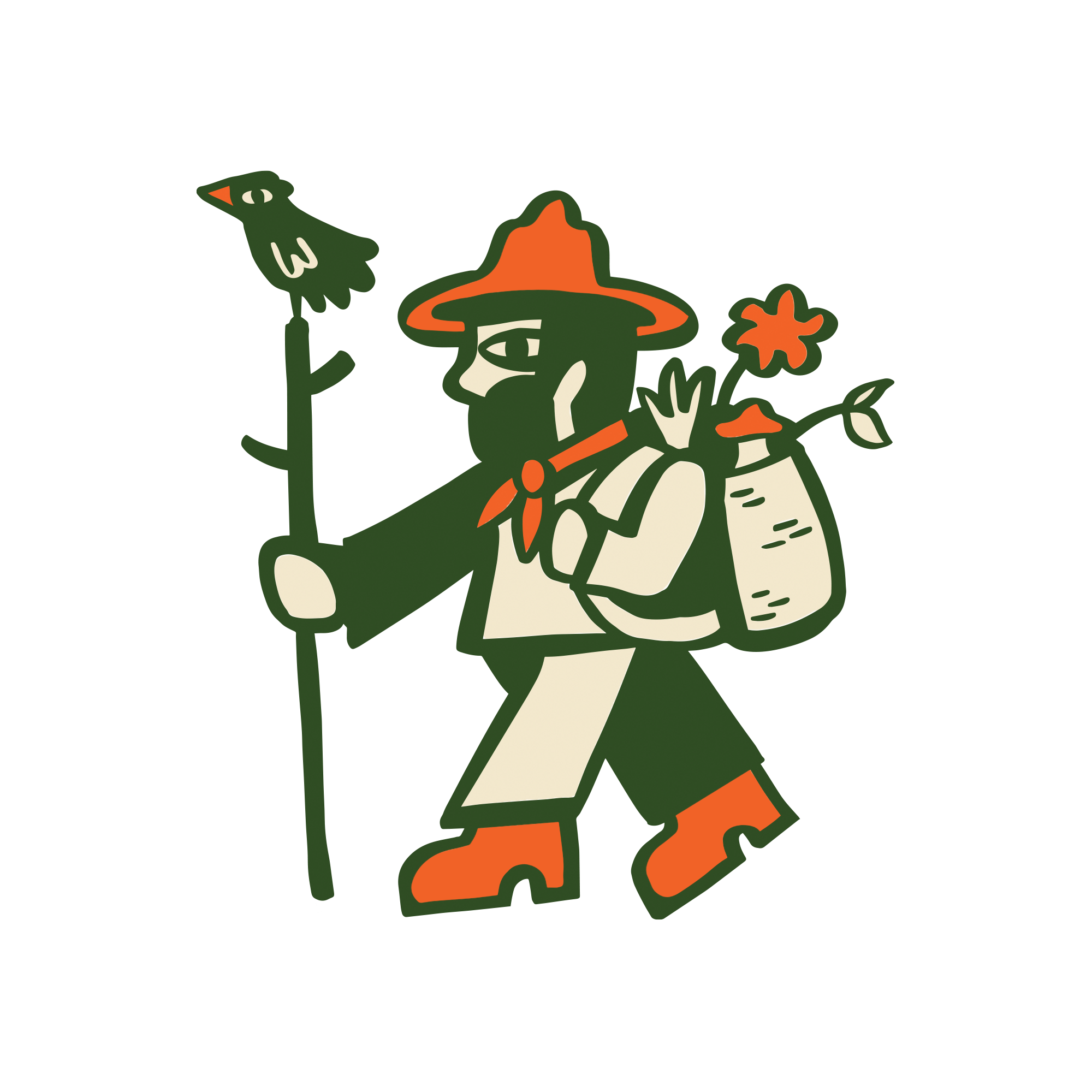 Bearded adventurer in hat and boots with walking stick topped by a bird, backpack carrying flower and leaf, green orange cream colors.