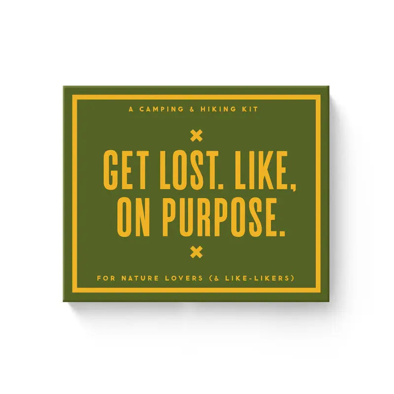 Green and yellow camping & hiking kit box says: GET LOST. LIKE, ON PURPOSE. Perfect gift for nature lovers and outdoor adventure fans.