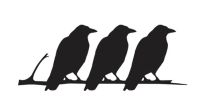 Three bird silhouettes perch together on a branch, highlighted against a plain white background. Minimalist birds on branch artwork.