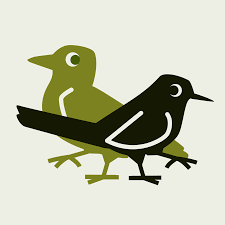 Minimalist illustration of two stylized birds, one green and one black, standing side by side on a light background. Simple outlines, minimal detail.