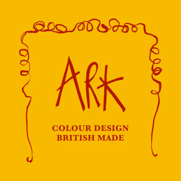 Yellow background with hand-drawn red curly border, “Ark” in bold red text, and “COLOUR DESIGN BRITISH MADE” below in all caps.