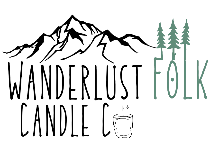 Minimalist mountains in black above "Wanderlust Candle Co;" a candle and green trees form part of "Folk" on the right, logo design.