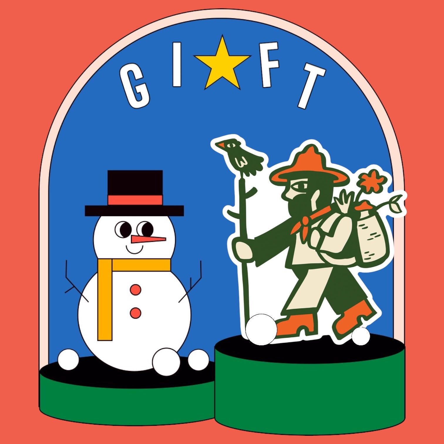 Festive snowman with hat and buttons stands beside a bearded traveler with staff and sack under "GIFT" arch on a blue background. Holiday illustration.