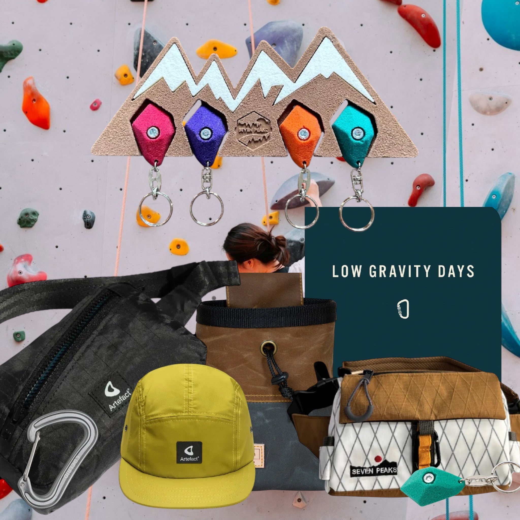 Climbing gear collage with chalk bag, yellow cap, harness pouch, mountain-shaped key holder with carabiners, guidebook Low Gravity Days, and climbing wall background. Essential rock climbing equipment photo.