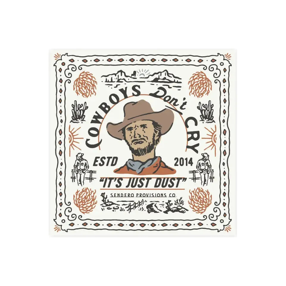 Cowboy in wide-brim hat with cacti, horses, western art. Text: Cowboys Don’t Cry. Estd 2014. It’s Just Dust—Western graphic.