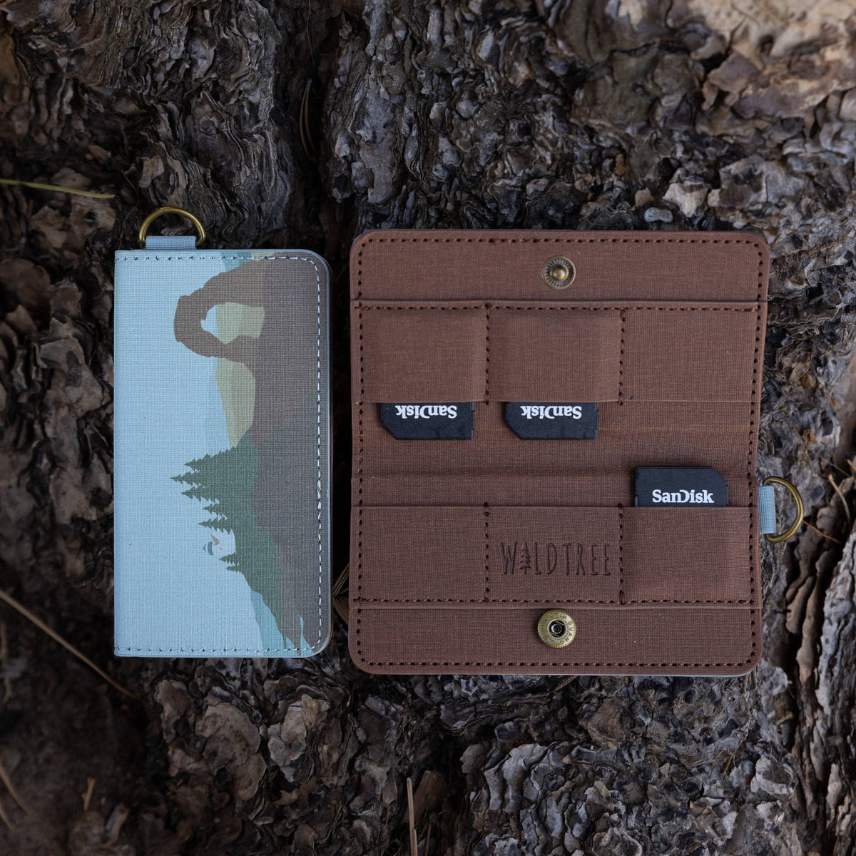 Forager Provisions LTD Wildtree card holder with National Park artwork, open to show SD card slots and snap closure.
