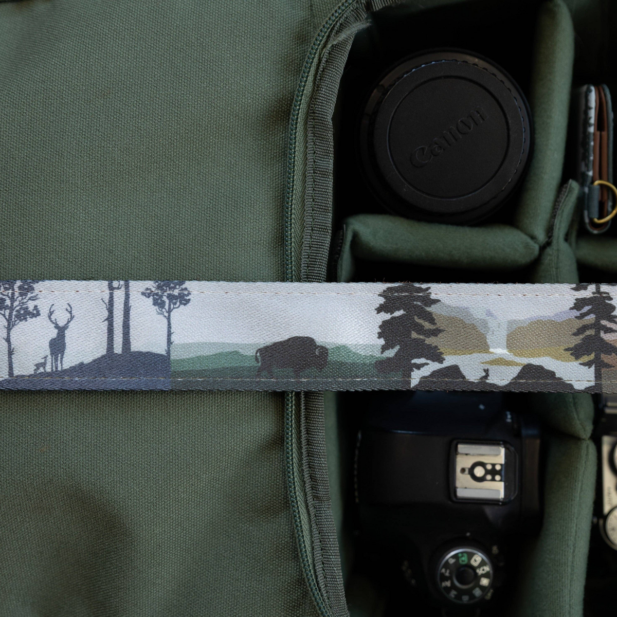 Forager Provisions LTD Wildtree Wildlife Wander camera strap with wilderness landscape print and brown leather ends.