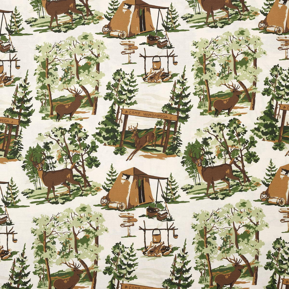 Forager Provisions LTD cotton percale sheet set featuring a vintage woodland print with deer, trees, and canvas tents.