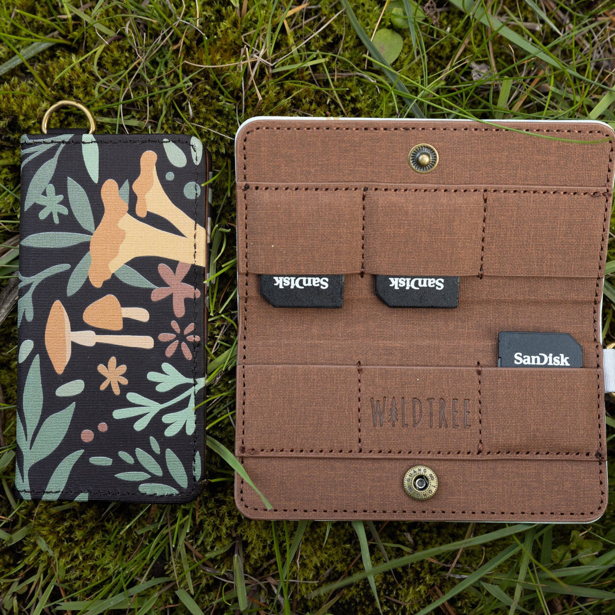 Forager Provisions LTD Wildtree Forest Foliage card holder showing woodland print exterior and internal SD card slots.