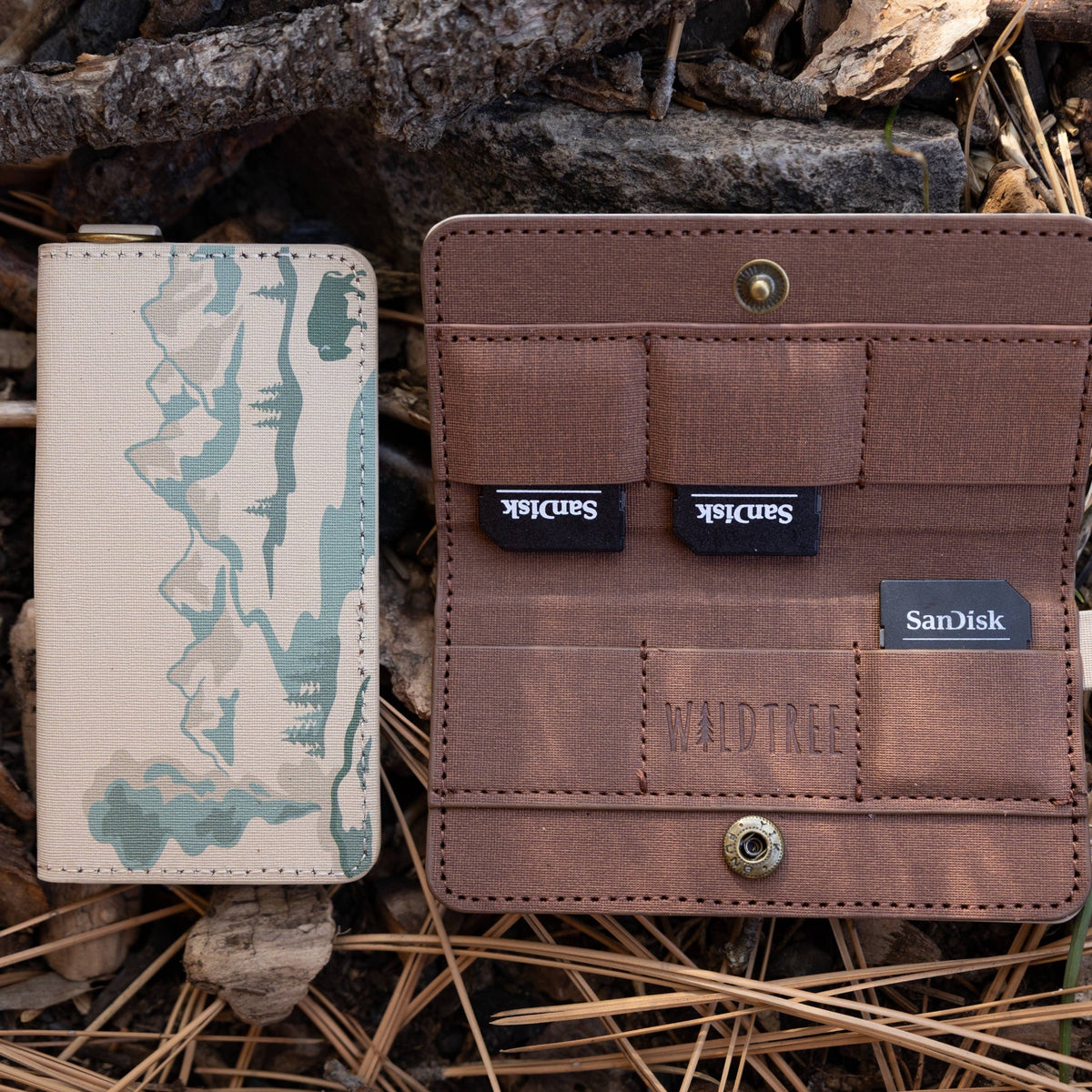 Forager Provisions LTD Wildtree card holder with National Parks print, open and closed, on a forest floor background.