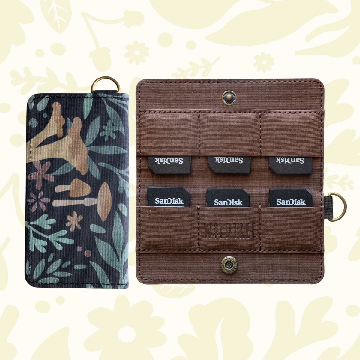 Forager Provisions LTD Wildtree Forest Foliage card holder showing woodland print exterior and 6 SD card slots inside.