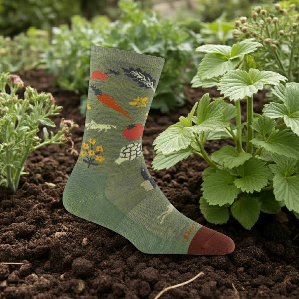 Forager Provisions LTD Darn Tough lightweight merino wool crew socks in willow green with a playful vegetable pattern.