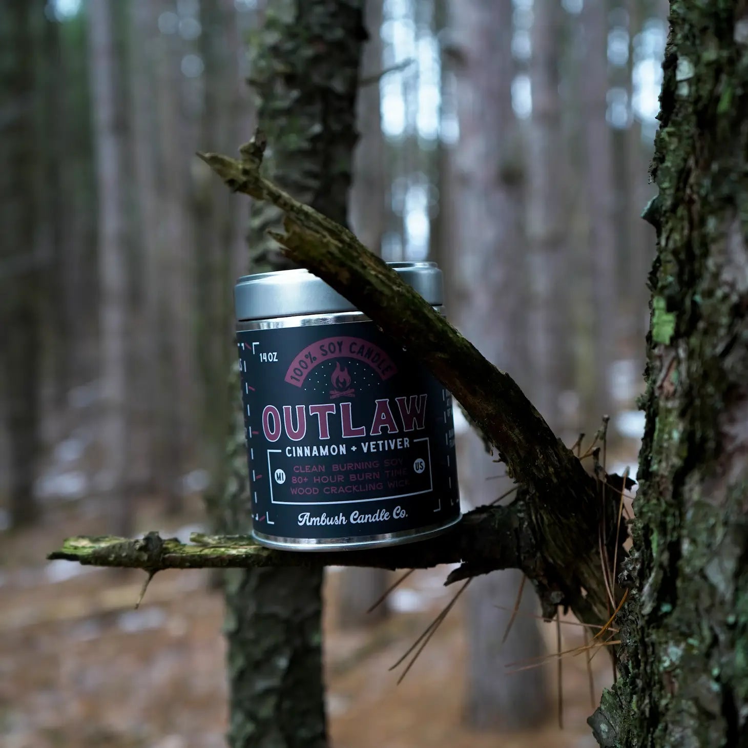 A 14oz can of Ambush Candle Co's Cinnamon & Vetiver Outlaw Candle, known for its eco-friendly nature, stands on pine needles in a forest setting and offers an impressive 80 hours of burn time.