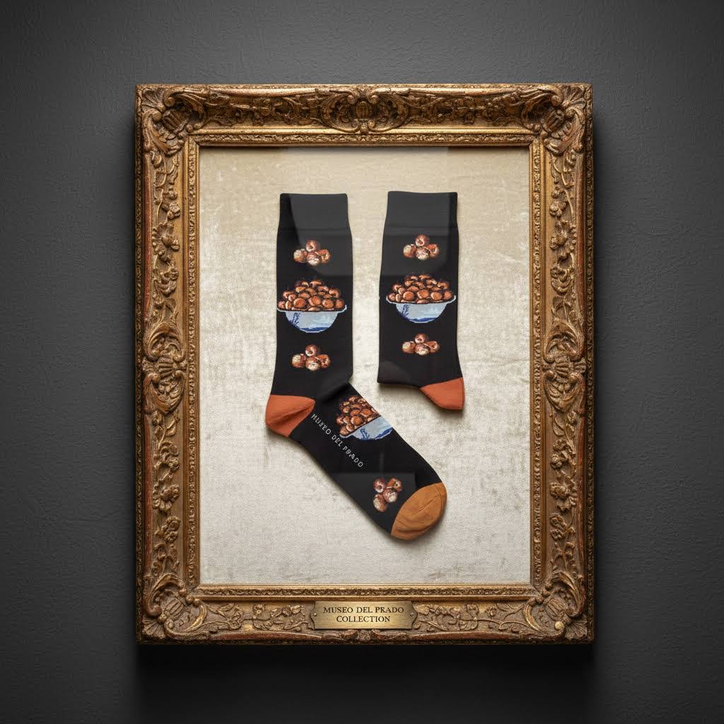 Forager Provisions LTD Apple Bowl socks featuring Tomás Hiepes art, displayed in an ornate gold museum frame.
