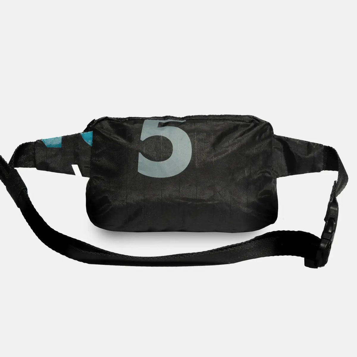Forager Provisions LTD Artefact Eco La Calao Hornbill black upcycled wind sail banana sling bag with number 5 print