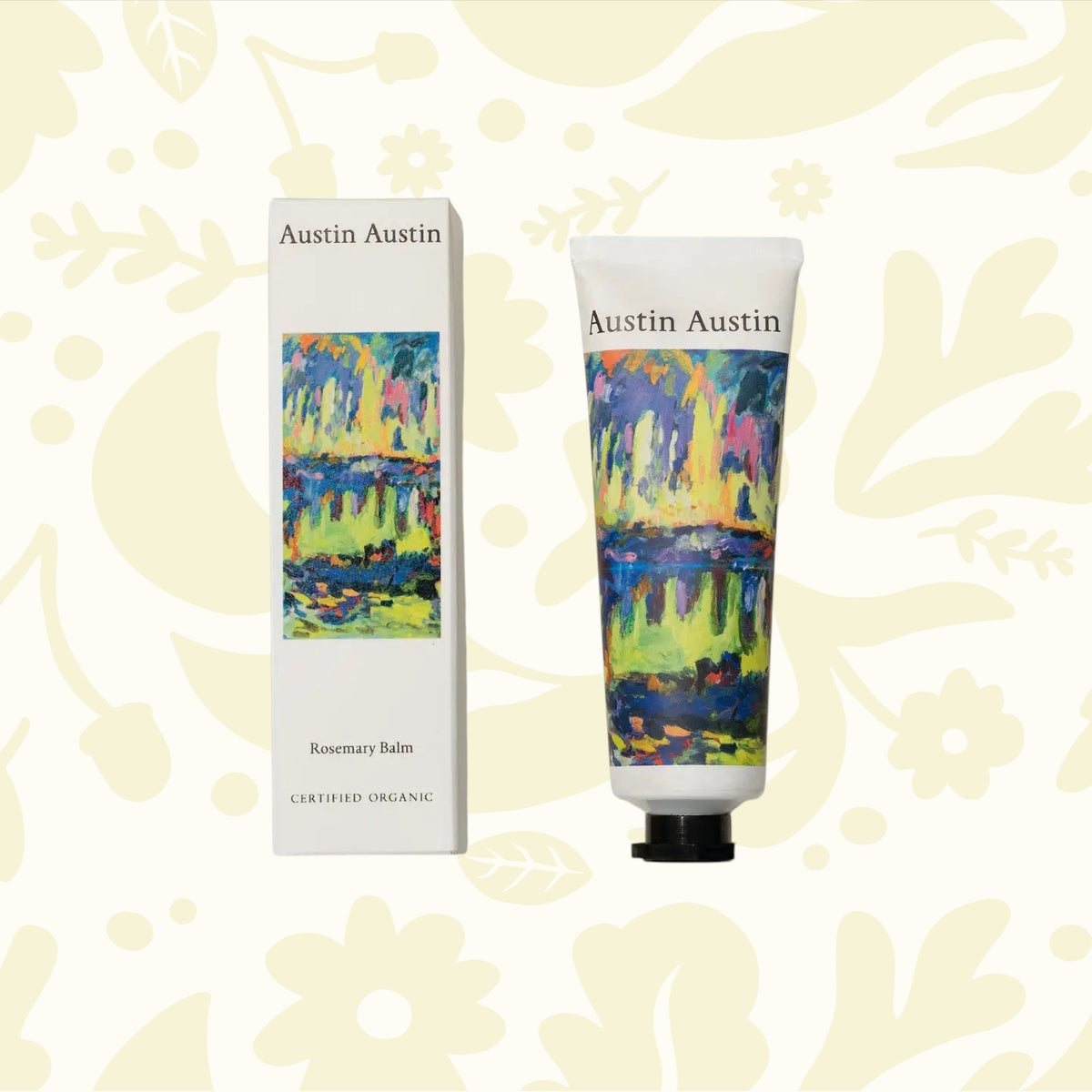 Austin Austin Rosemary Balm 50ml in eco-friendly tube and box with abstract art, natural skincare product for hydrated skin.