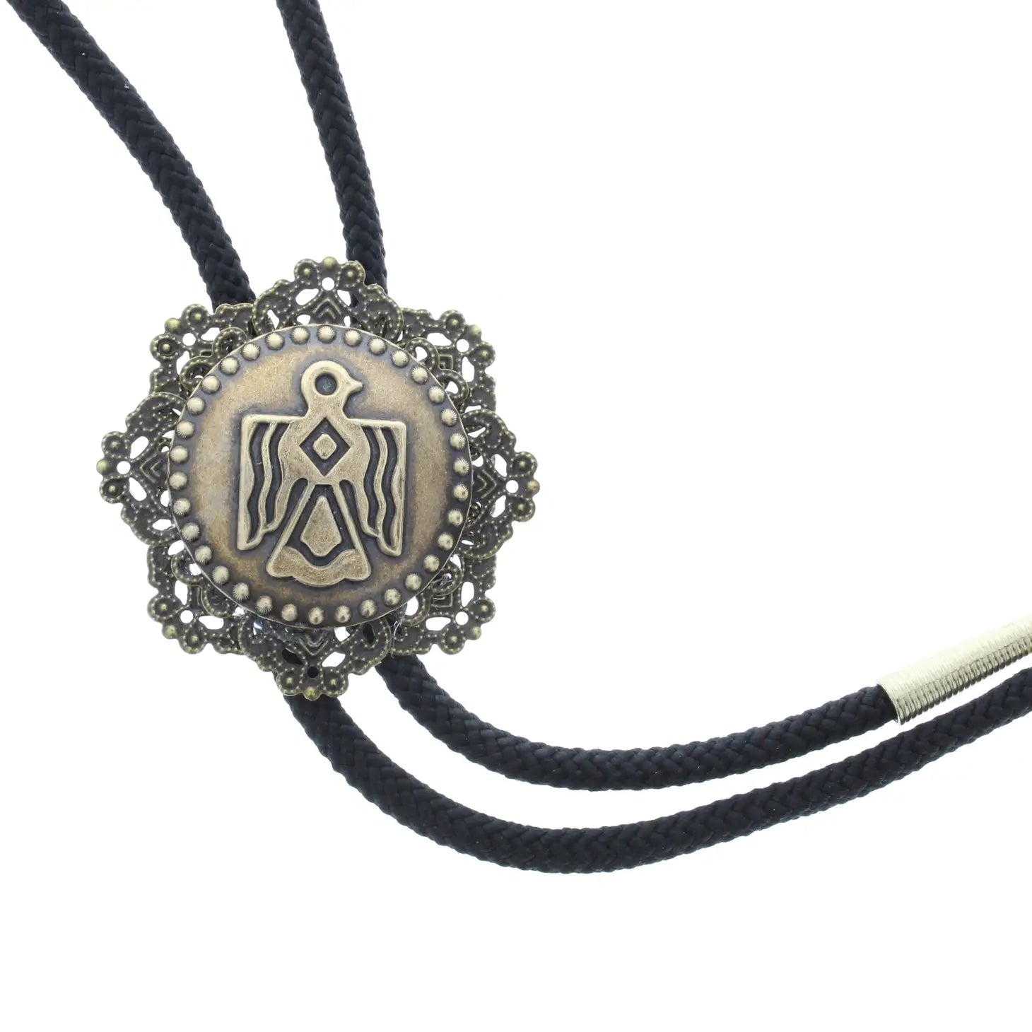A Forager Provisions Aztec Thunderbird Bolo Tie in black, featuring an intricate silver pendant with a Native American-style design, handmade in the USA.
