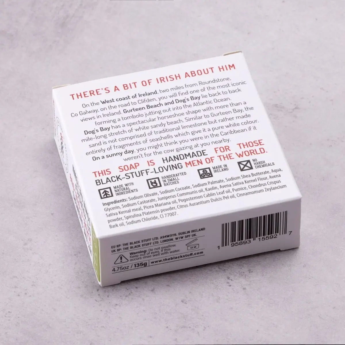 Back of The Black Stuff Soap Dogs Bay Beach box: eco-friendly Irish soap, natural skincare, beach-inspired, handmade in Ireland.