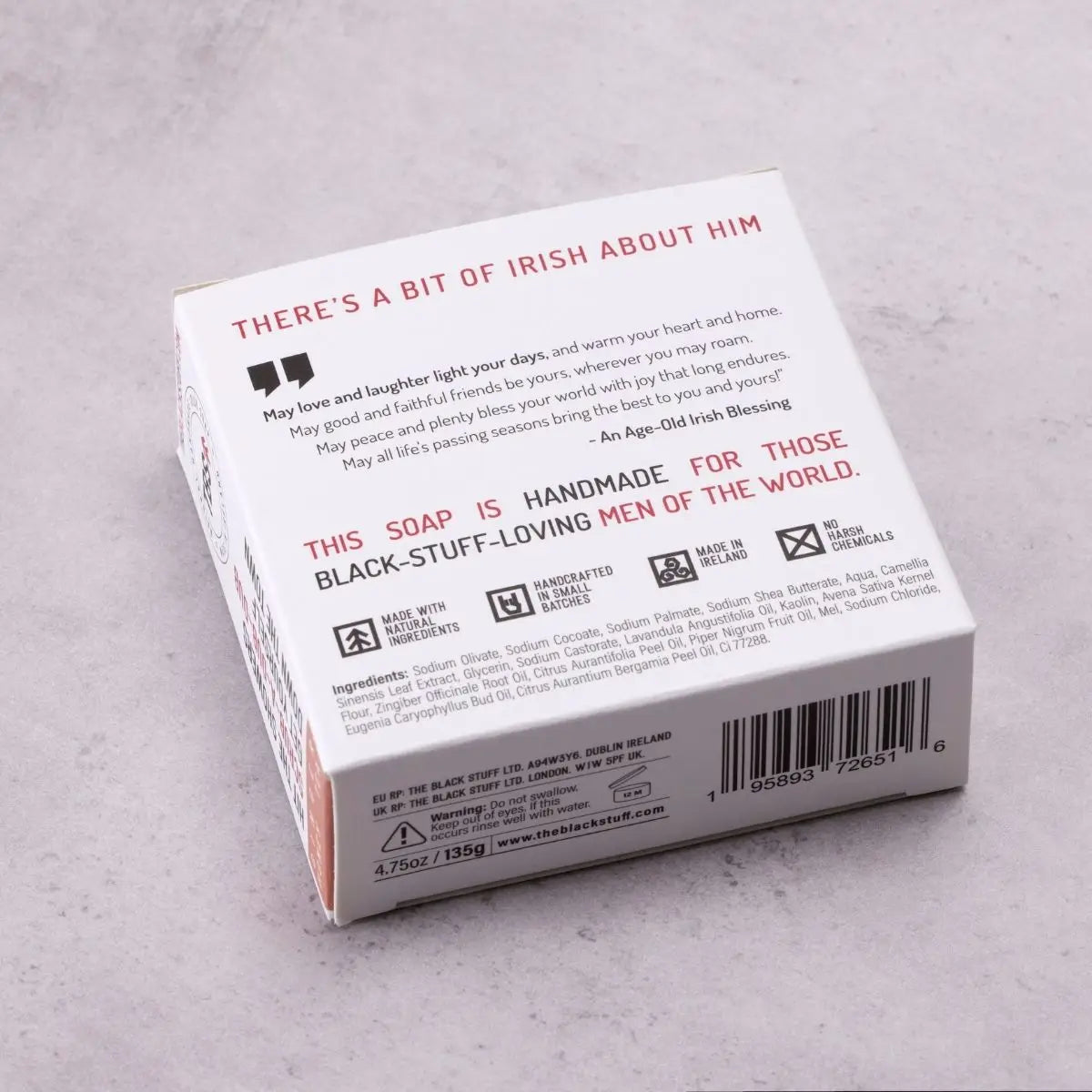 The Black Stuff Soap Ginger Honey Tea box with natural ingredients, certifications, and eco-friendly packaging on gray background.