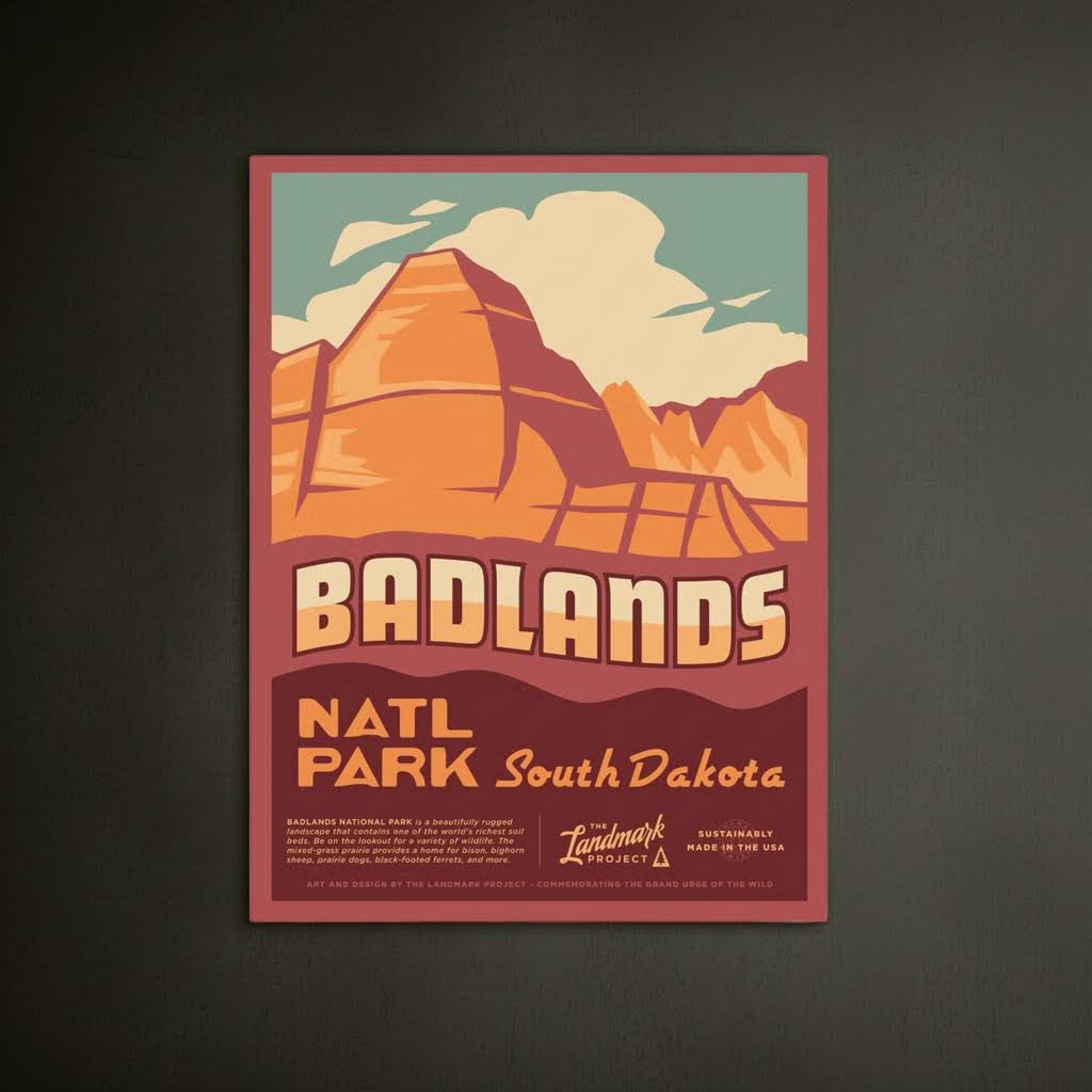 Forager Provisions LTD Badlands National Park poster featuring illustrated buttes and spires in warm sunset tones.