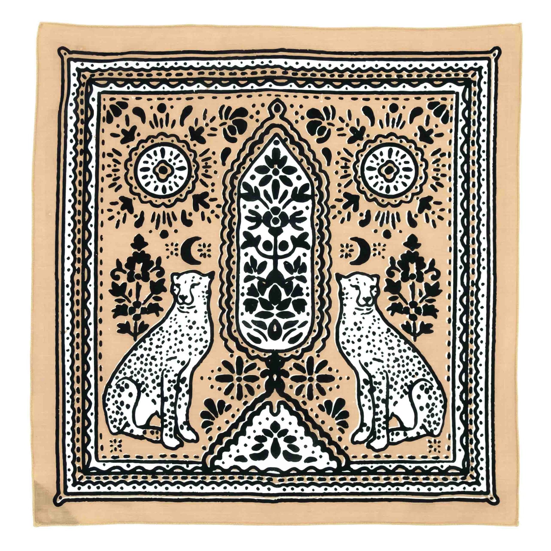 The Bandits Bandanas ‘Forever Blooming’ Cotton Bandana by Daren Magee features a tan base adorned with a black and white design, showcasing two leopards amidst intricate floral patterns and geometric shapes.