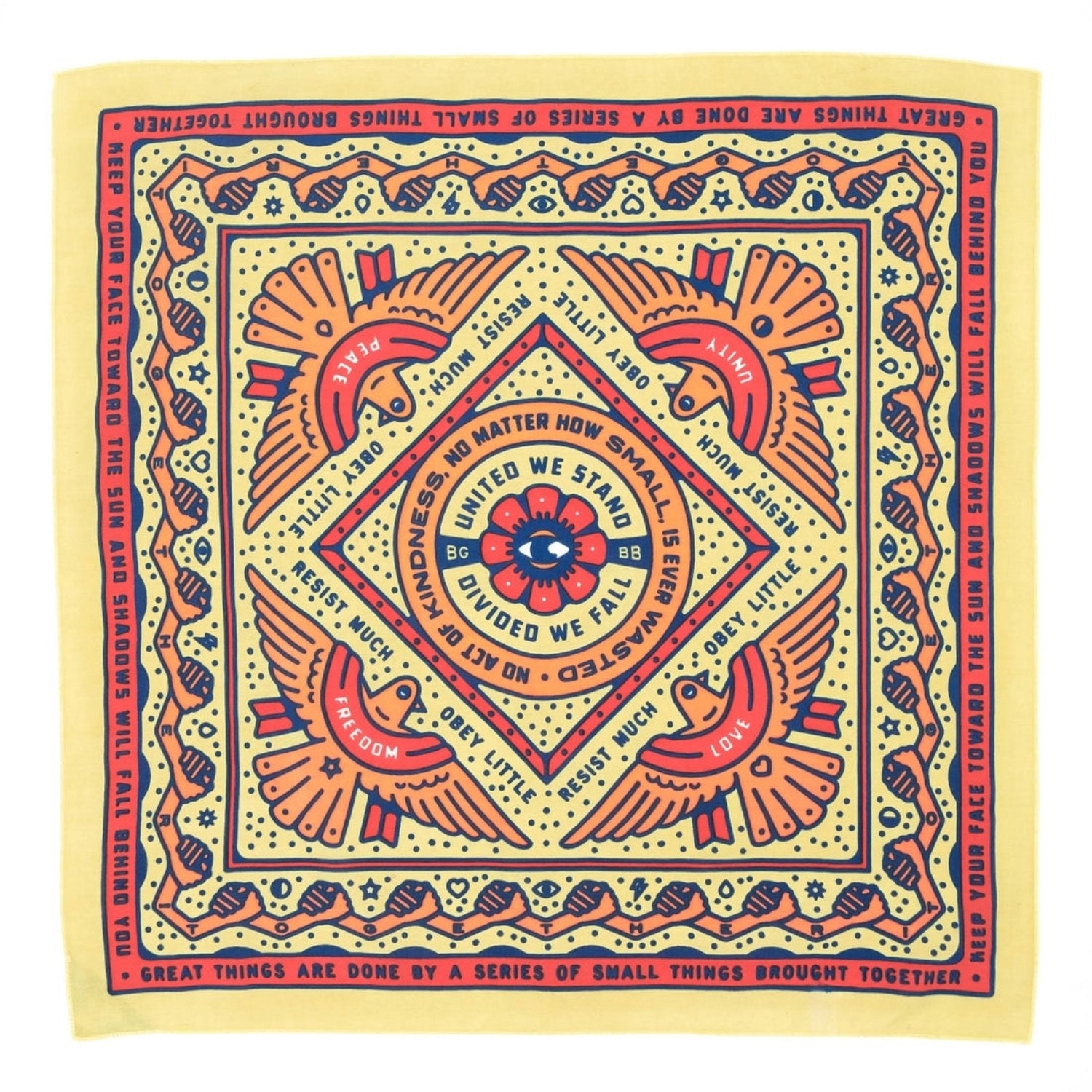 A illustrative bandana featuring birds with peace, unity, love and freedom scarfs and a repetitive hand holding motif in colours of orange, red and navy.