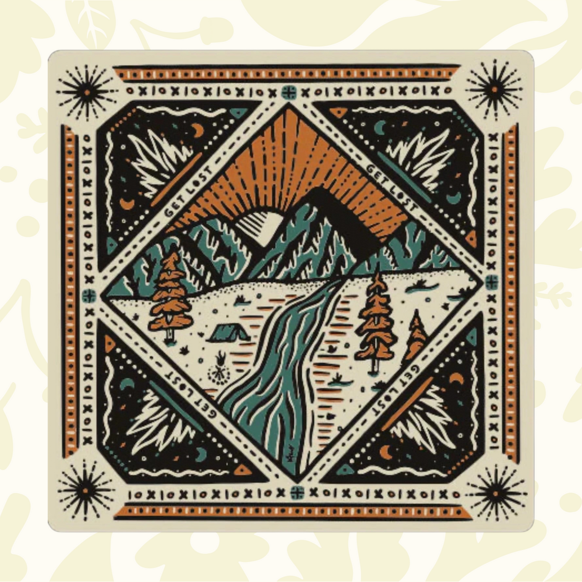 This image shows the main design of the bandana which is a trails landscape of a camping tent by a river, mountains, trees, and a rising sun. The border depicts the North Star in each of the bandanas four corners, with pattern details. Colours include: Orange, Jade, Beige, Black.
