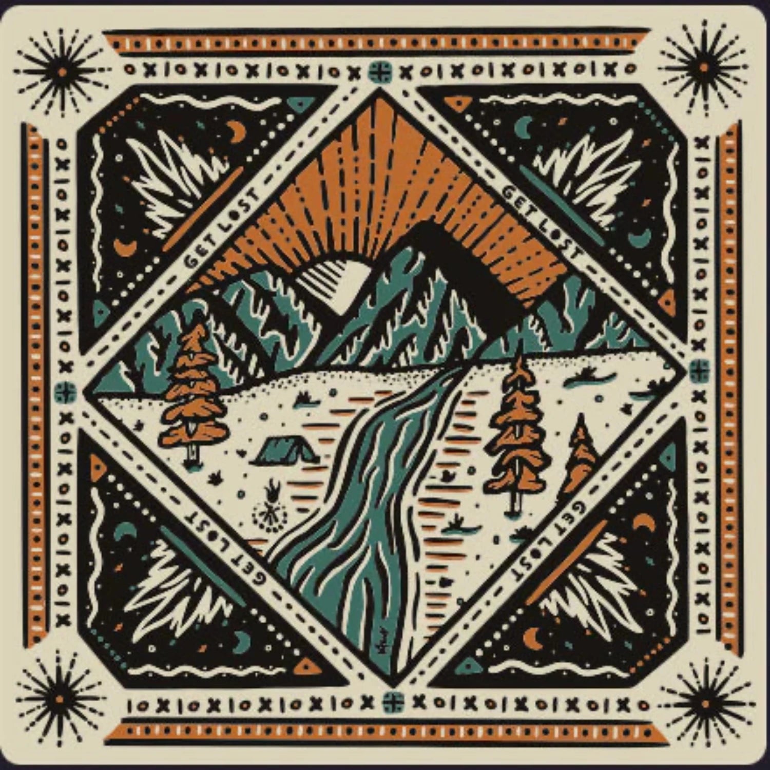 This image shows the main design of the bandana which is a trails landscape of a camping tent by a river, mountains, trees, and a rising sun. The border depicts the North Star in each of the bandanas four corners, with pattern details. Colours include: Orange, Jade, Beige, Black.