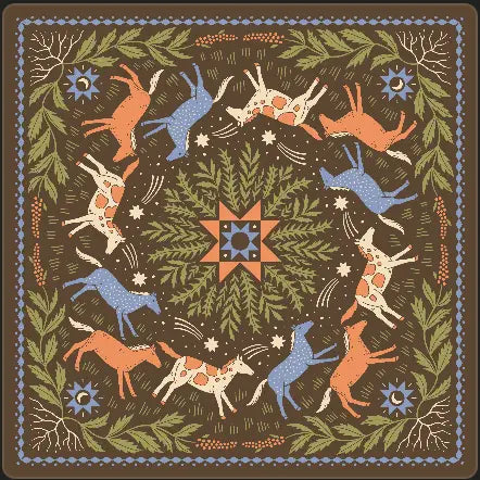 Shop the Bandits Bandanas New Moon Bandana with red, blue, and cream celestial horses circling a star on brown cotton.