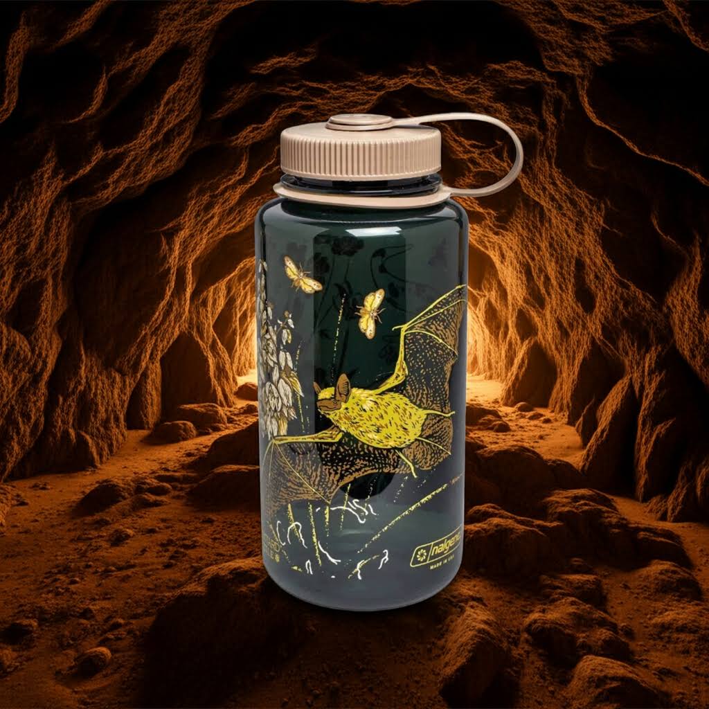 Forager Provisions LTD Mustard Beetle Nalgene 32oz water bottle with bat and floral art in a dark cave setting