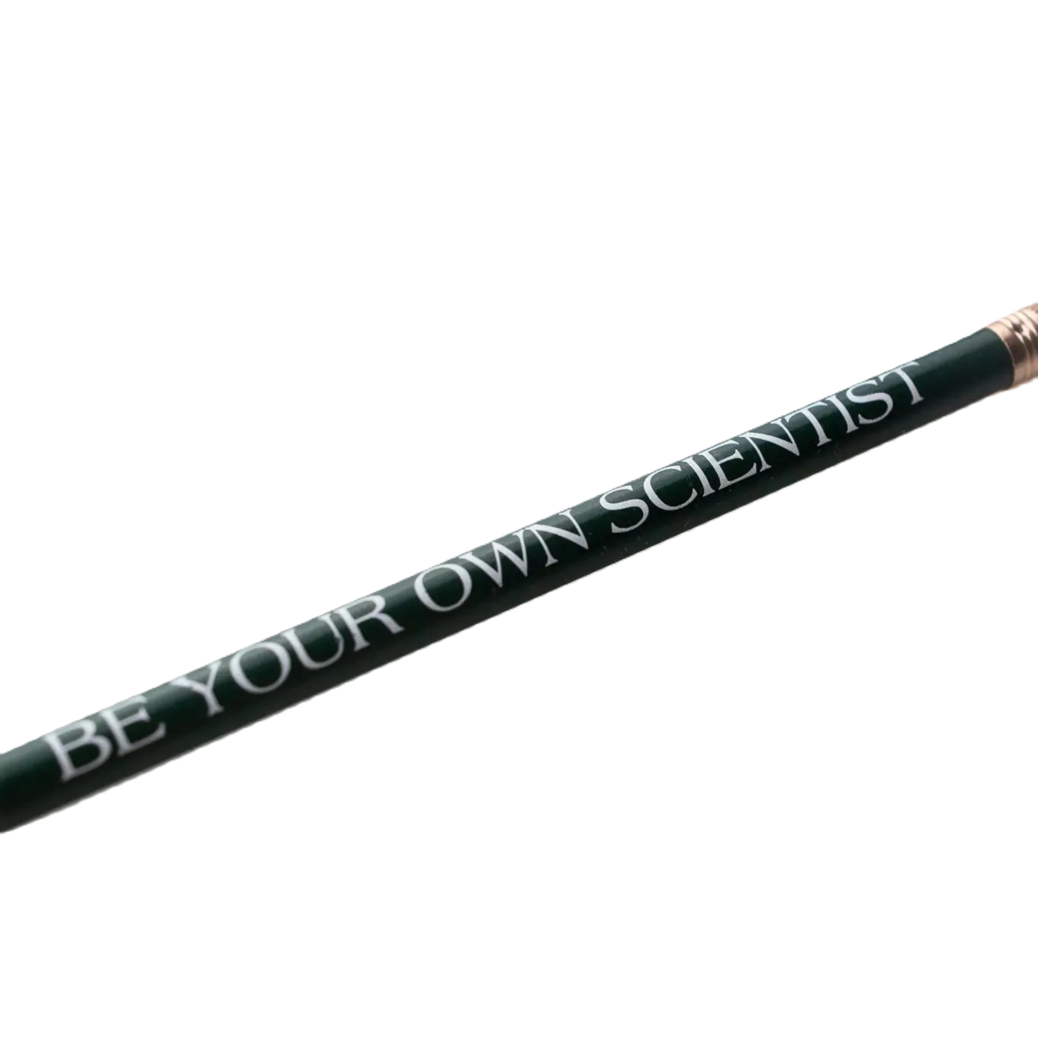 A green pencil with "BE YOUR OWN SCIENTIST" in white text, placed on top of the college-ruled Stay Curious Journal from the Stemcell Science Shop set.