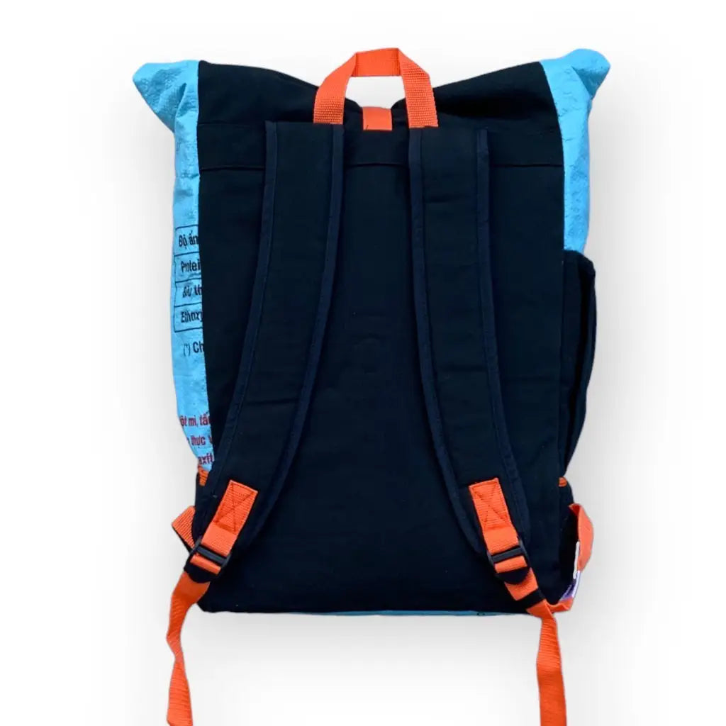 BEadbags Upcycled Rucksack Ri102: eco-friendly blue & black backpack with black straps, orange buckles, on white background.