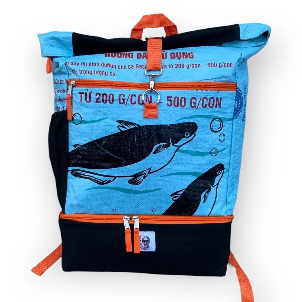Blue/black upcycled rucksack with orange straps, fish print, Vietnamese text—eco-friendly Beadbags Ri102 sustainable backpack.