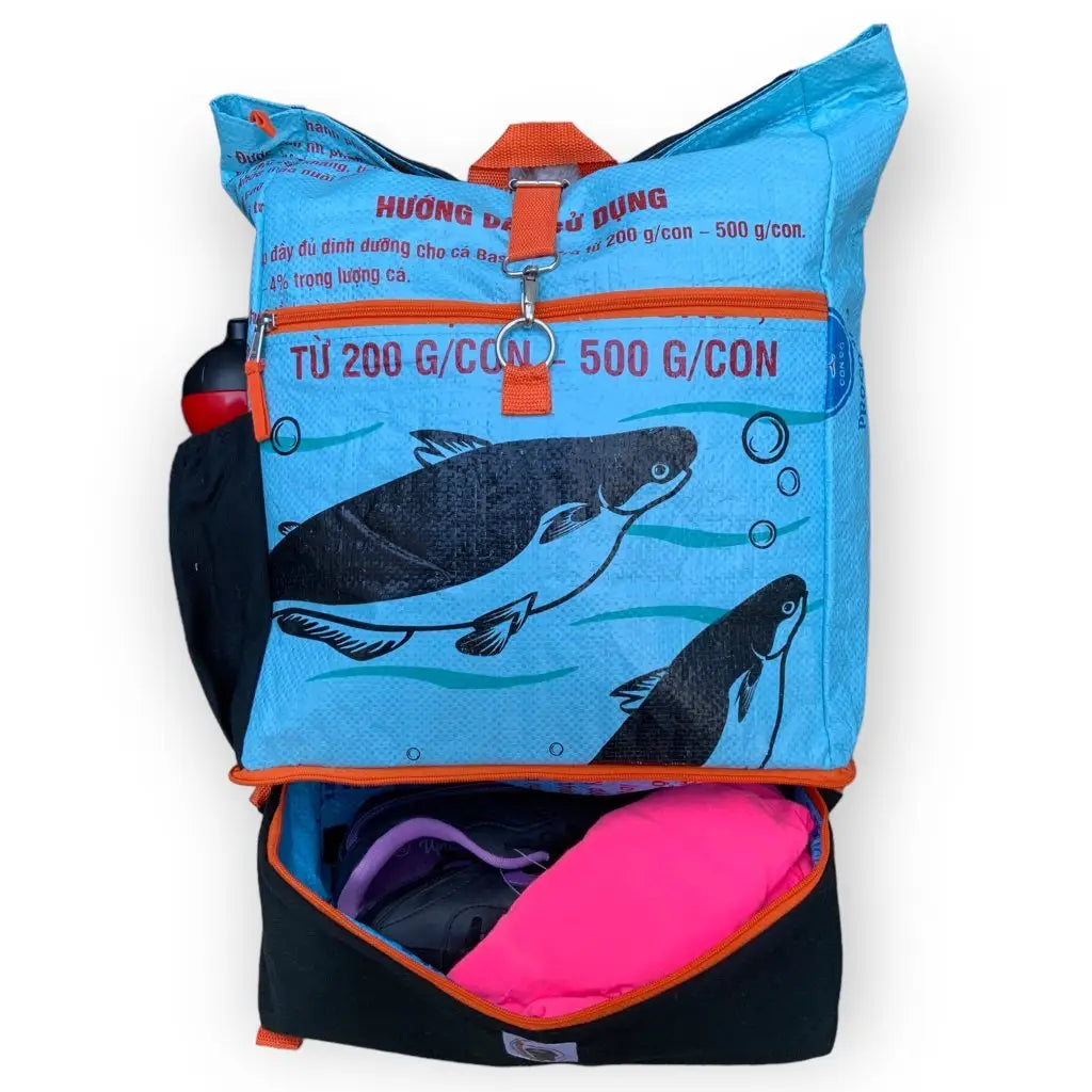 Light blue BEadbags Germany Upcycled Rucksack Ri102 backpack, eco-friendly, zip pocket, pink lining, sustainable bag.