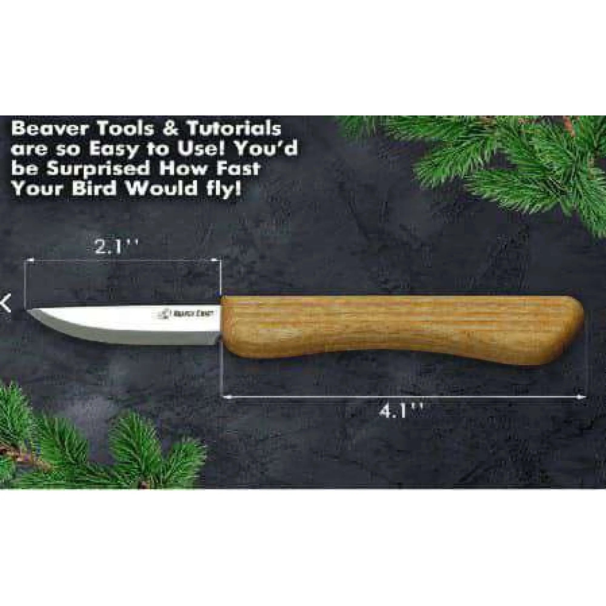 BeaverCraft DIY01 Comfort Bird Kit for beginner wood carving, includes ergonomic wooden knife; set displayed on dark background.