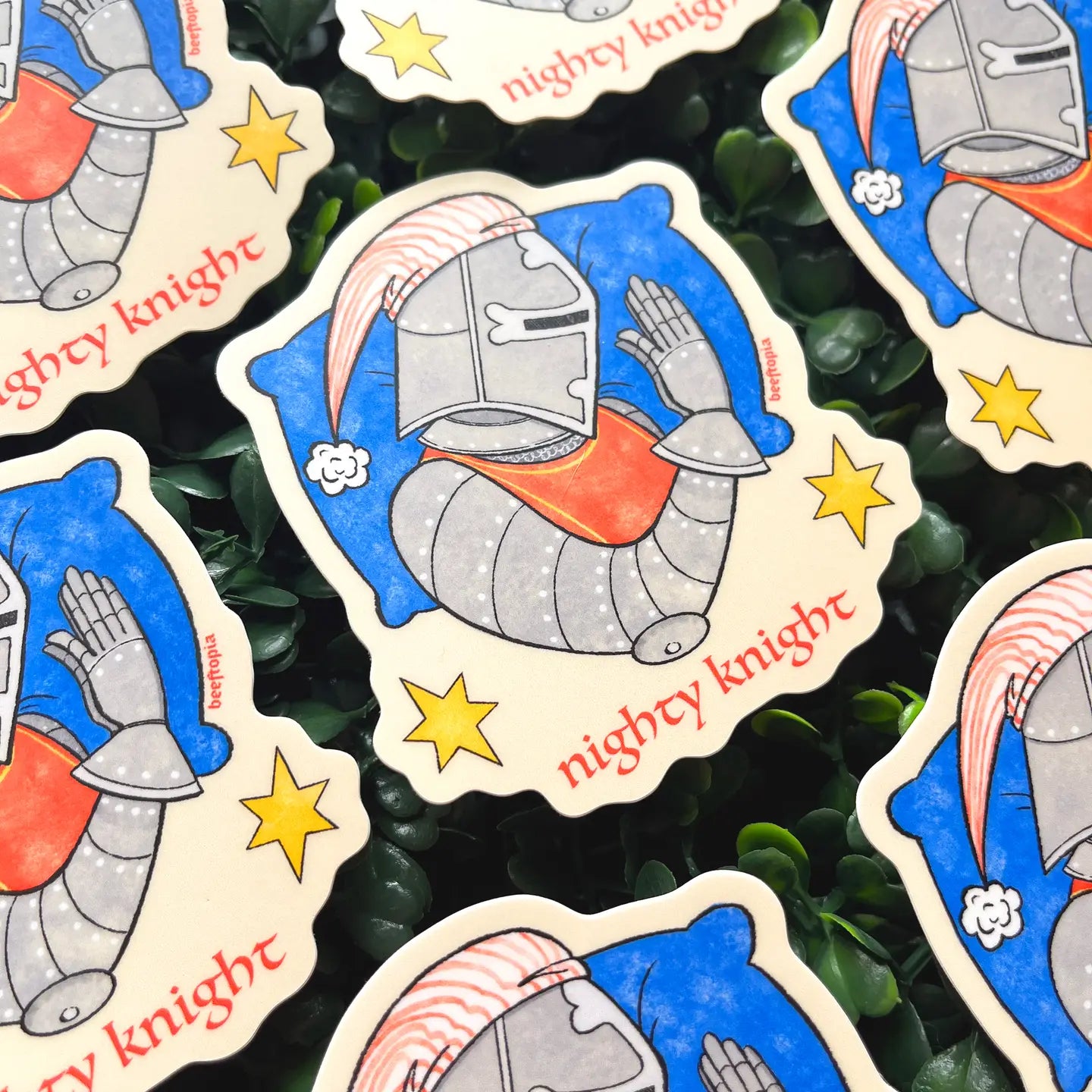 Beeftopia Nighty Knight Medieval Sticker—waterproof vinyl, pajama-clad knight, dreamy stars, cute gift for laptop or water bottle.