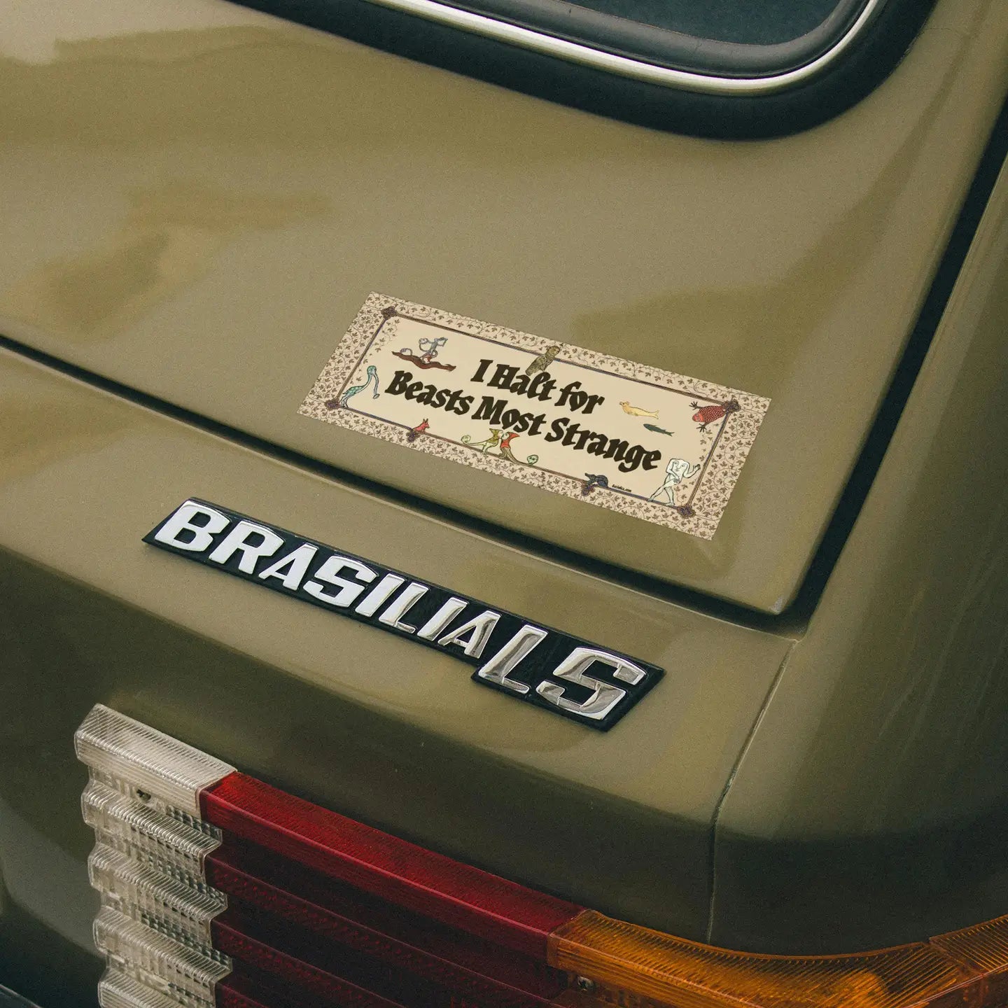 Add a touch of myth to your car with Betiobca’s “I Halt For Beasts Most Strange” quirky bumper sticker design.