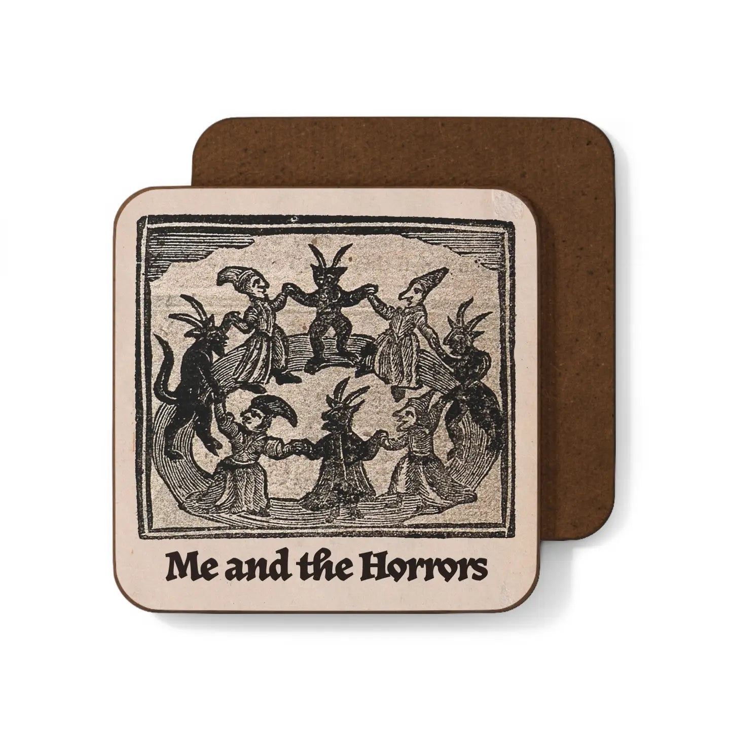 Betiobca Me and the Horrors Folklore Coaster—gothic horned figures, unique dark humor, best quirky gothic gift idea.