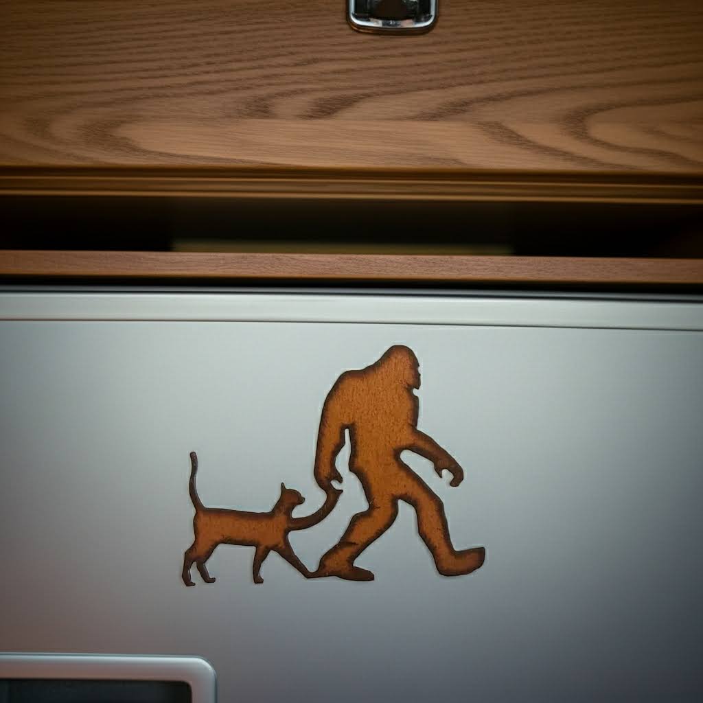 Universal Ironworks USA Bigfoot with Cat Rustic Metal Magnet