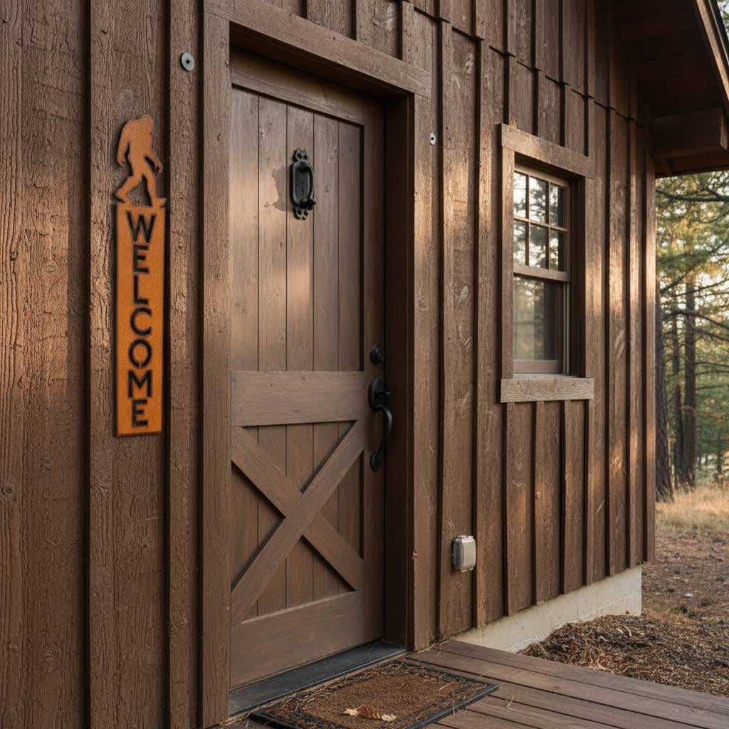 Forager Provisions LTD rustic steel Bigfoot vertical welcome sign mounted on a wooden cabin door frame