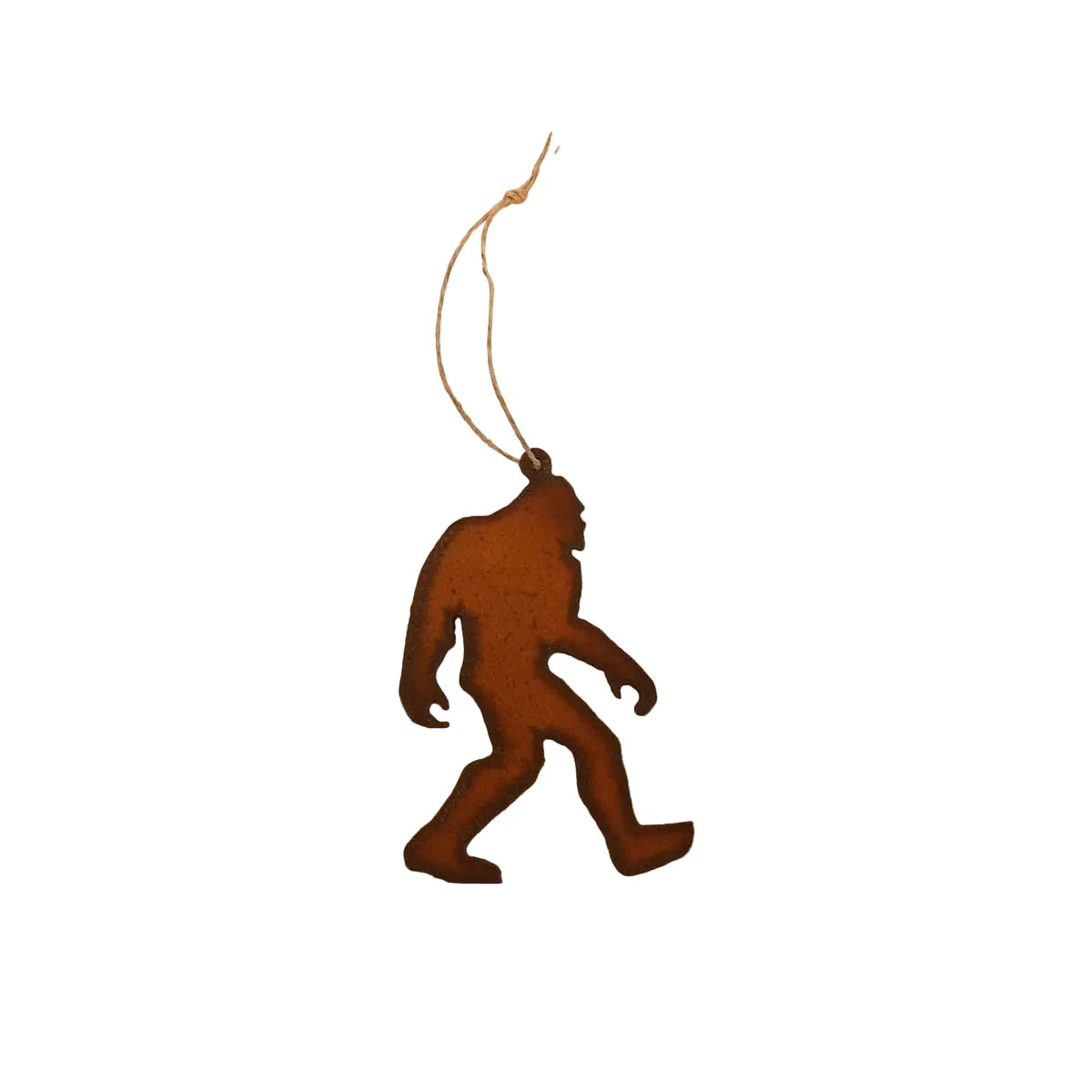 Universal Ironworks Bigfoot Walking Decor—rustic steel Sasquatch ornament, hanging with string loop, perfect for outdoor garden décor.