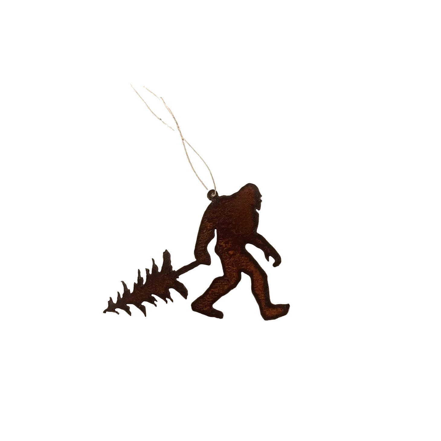 Handmade Bigfoot Yeti Walking With Tree metal ornament by Universal Ironworks, USA. Unique hanging decor, rustic woodland gift.