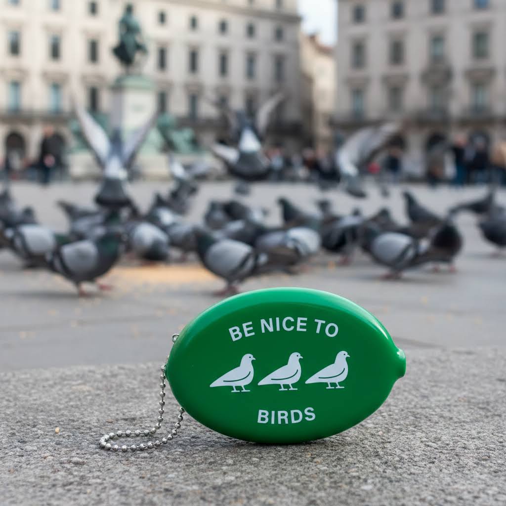 Forager Provisions LTD grass green rubber coin wallet with Be Nice To Birds text and pigeon icons on a stone ledge.