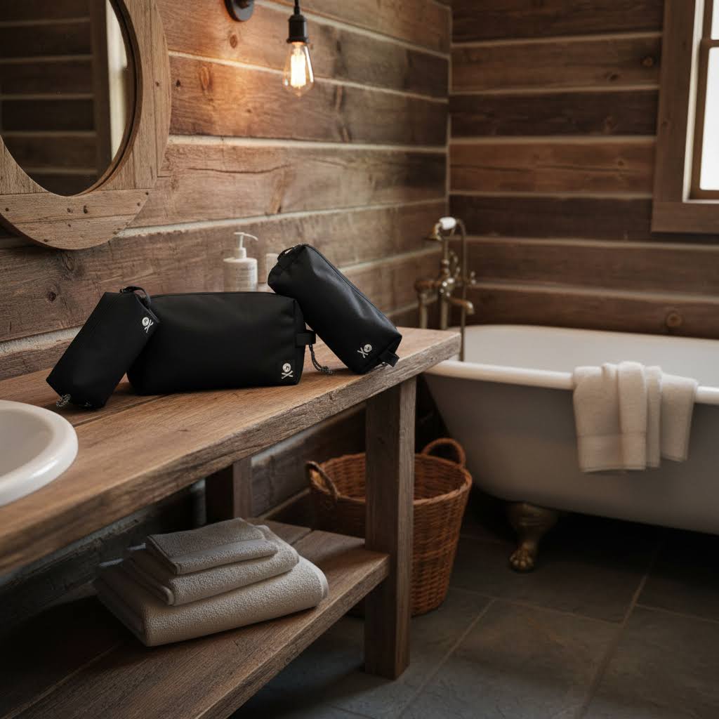 Forager Provisions LTD Ghost Outdoors Australia black modular dopp kit 3-pack set on a rustic wooden bathroom vanity.