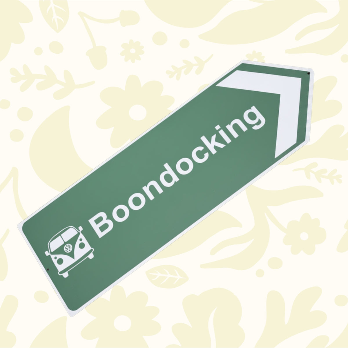 Forager Provisions green aluminum campervan sign, 45x15cm, reads ‘Boondocking’ with arrow, van, floral background.