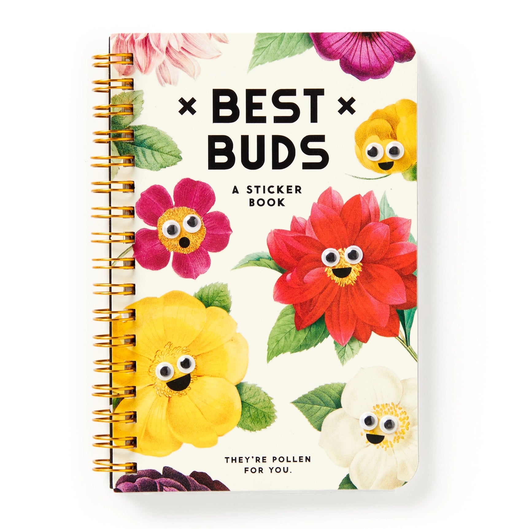 Brass Monkey Best Buds Flower Sticker Book: spiral-bound, vintage floral stickers with googly eyes, fun for crafts.