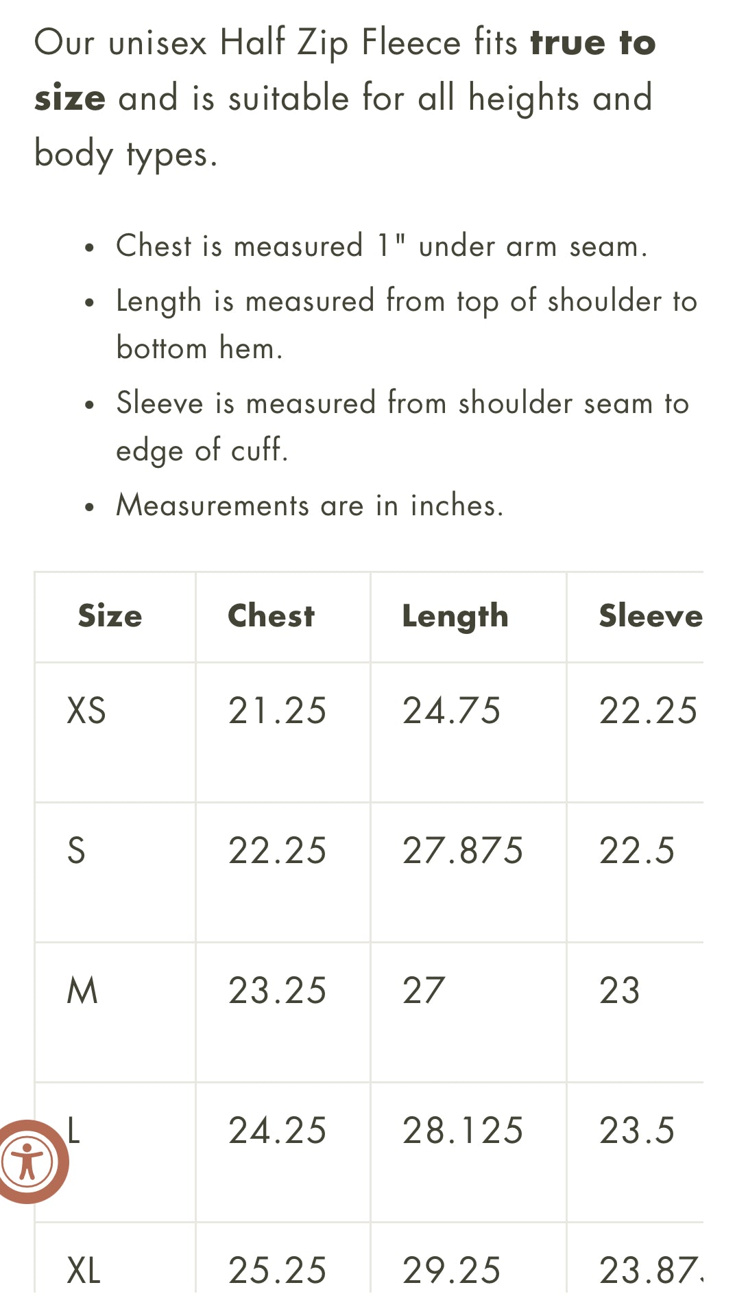 Landmark Project High County Unisex Fleece sizing chart—measurements for chest, length & sleeve (XS–XL) in inches.