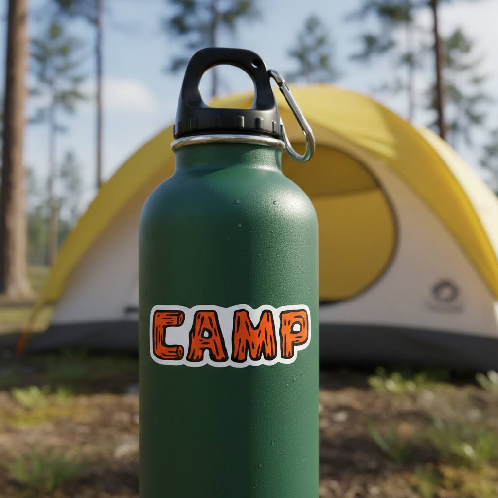 Forager Provisions LTD Camp vinyl sticker on a green water bottle in front of a yellow camping tent