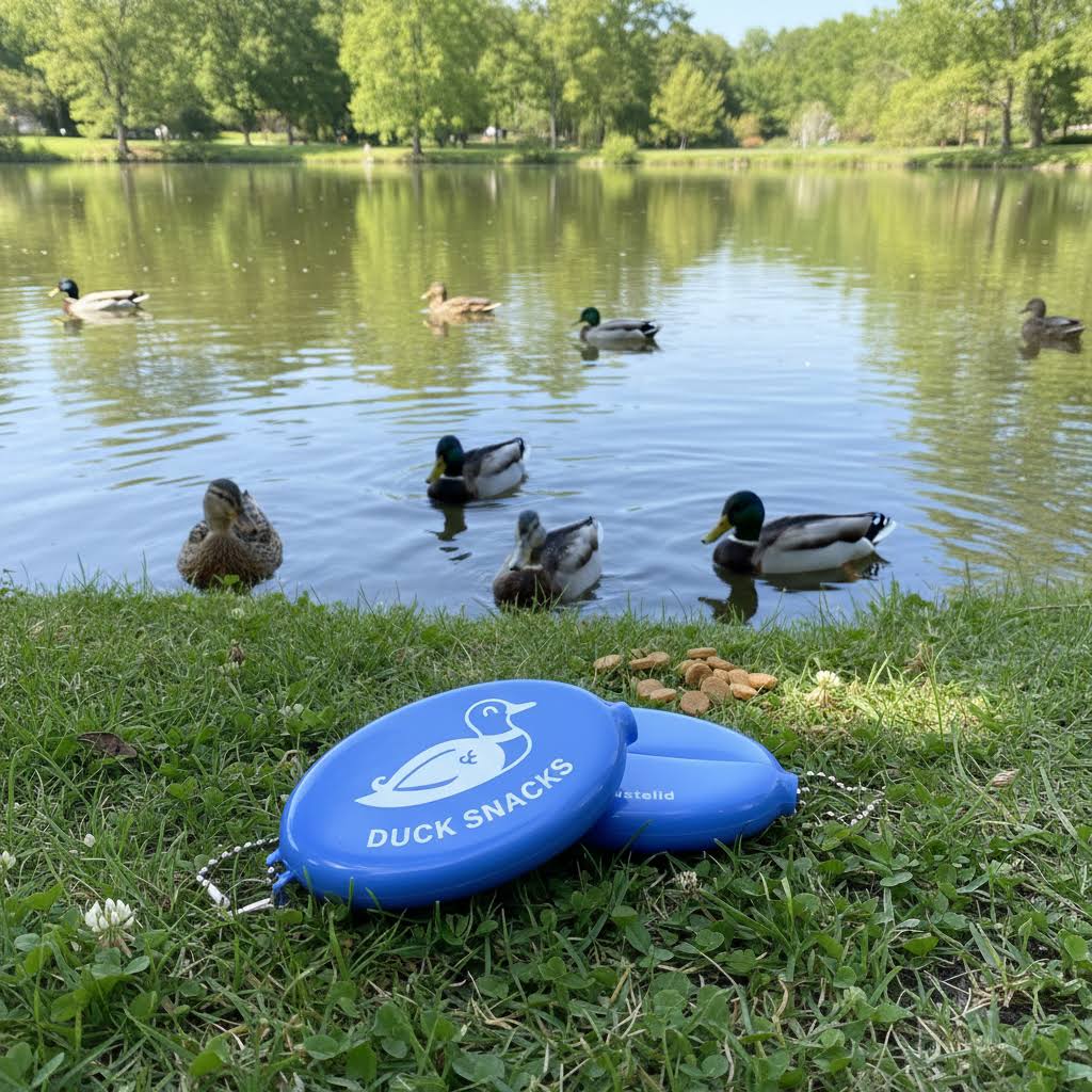 Forager Provisions LTD Camp Mustelid blue rubber snap-top coin wallet with Duck Snacks print by a pond with ducks